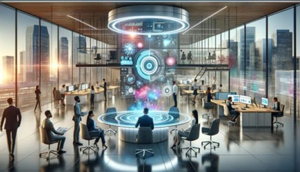 Imagem feita por Inteligência Artificial representando a cultura organizacional e o uso de inteligência artificial em um ambiente corporativo. Ela ilustra um ambiente de escritório moderno, com colaboração entre funcionários diversificados e integração de tecnologia de IA, refletindo uma cultura organizacional inovadora e inclusiva.